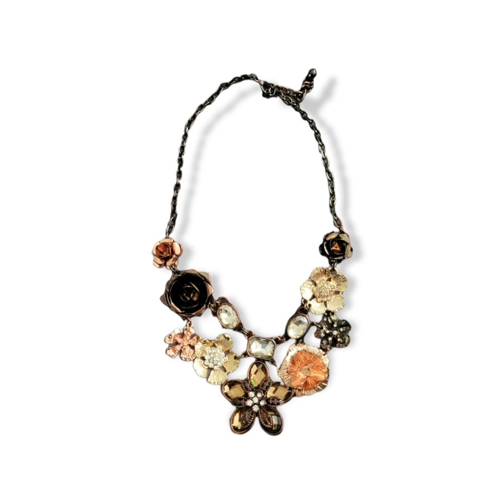 Stunning Antiqued Bronze/Gold Tone Floral Rhinestone Statement Necklace - Picture 2 of 11